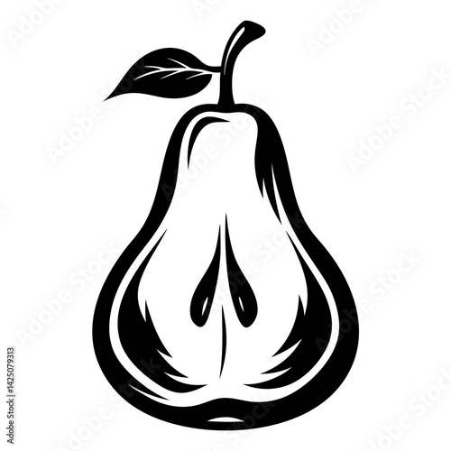 A striking black and white pear slice illustration with a leaf