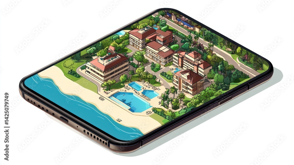 Mobile phone showing resort map, isometric view, digital tourism Mobile phone showing resort map, isometric view, digital tourism
