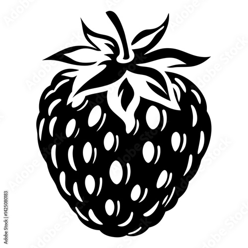 Elegant stylized monochrome illustration of a vibrant strawberry with intricate details