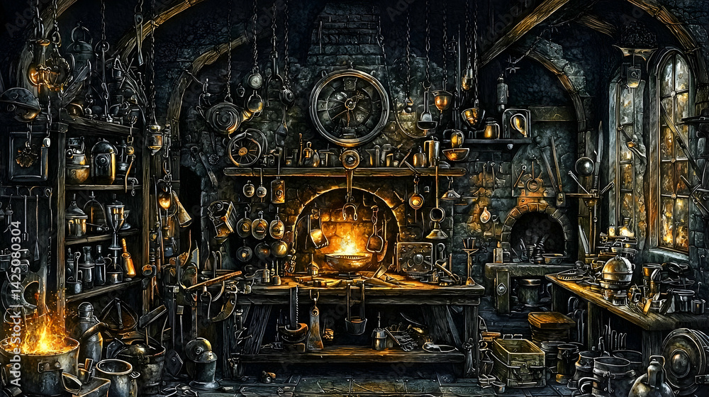 Alchemist's workshop, medieval setting, fire burning, tools and potions, fantasy game background