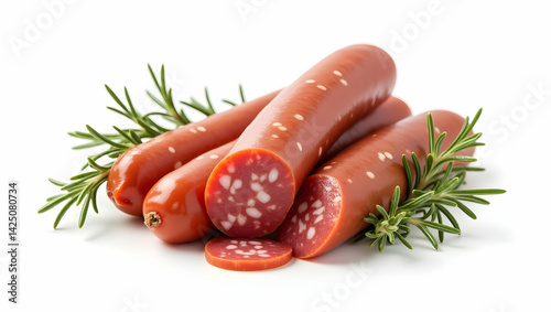 Delicious Smoked Sausage and Salami Bundle with Fresh Rosemary on a Clean Surface Ready to be Served or Used in a Recipe for a Culinary Project