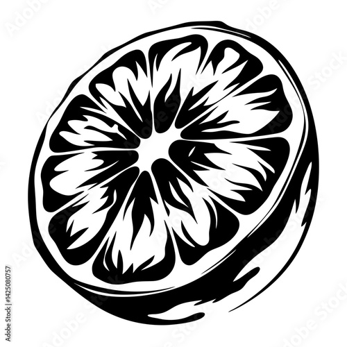 Abstract Monochrome Illustration of a Citrus Fruit Slice in High Contrast