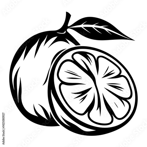 Monochrome Citrus Fruit Graphic with Leaf and Halved Slice Illustration