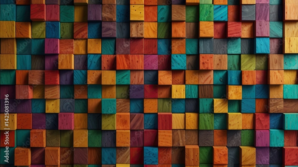 Vibrant Dimensions: 3D Rainbow Wooden Cube Wall Texture Vibrant Dimensions: 3D Rainbow Wooden Cube Wall Texture
