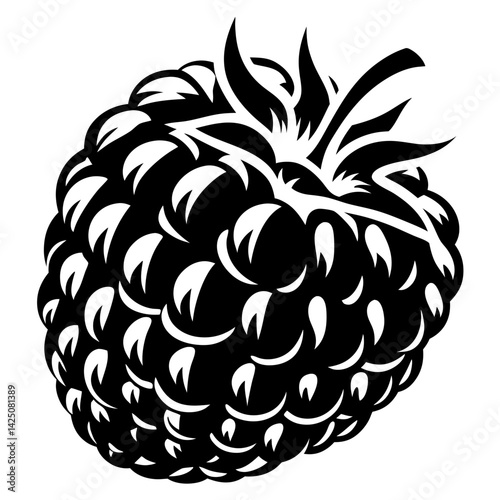 Black and white illustration of a bramble berry, a blackberry plant fruit