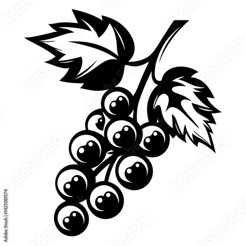 Monochrome stylized illustration of a cluster of grapes with leaves and stem