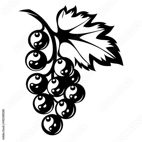 Stylized Black and White Grape Cluster with Yin Yang Symbols Within Berries