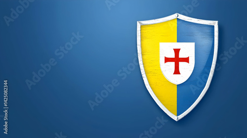 Free Download Medieval shield with yellow & blue halves, red cross on white, silver border, blue background, ideal for security, history themes - GFXLoad