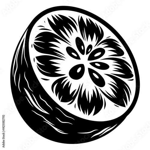 Monochrome Detailed Illustration of Half a Cut Citrus Fruit with Seeds