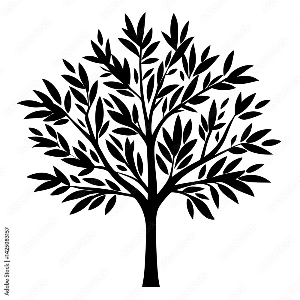Obraz premium Black Silhouetted Tree with Dense Leaf Canopy on a White Background