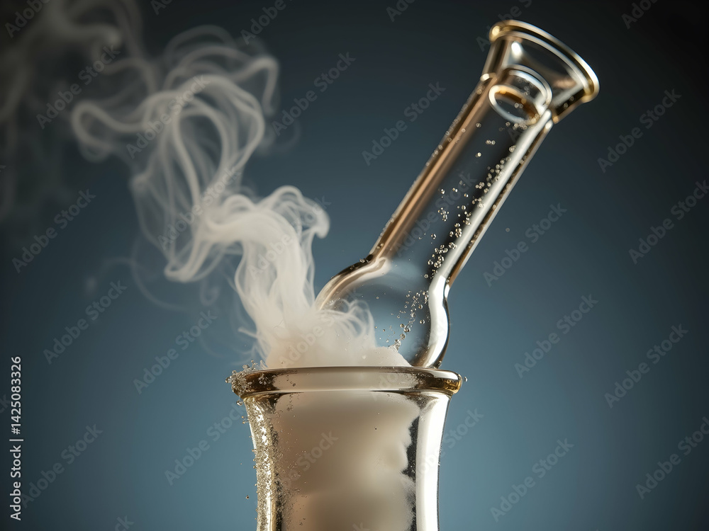 Detailed view of a glass apparatus with swirling smoke, highlighting scientific experimentation, intricate design, and the delicate balance of elements and vapors Detailed view of a glass apparatus with swirling smoke, highlighting scientific experimentation, intricate design, and the delicate balance of elements and vapors