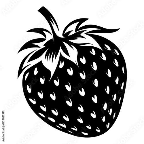 Stylized Silhouette of a Strawberry with Seeds and Leaves in Black and White