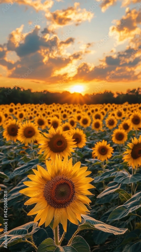 Fototapeta premium A field of sunflowers with a beautiful sunset in the background