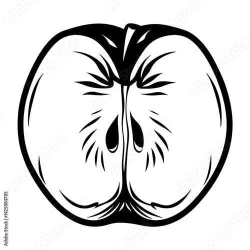 A simplistic black and white apple cross section illustration showing the seeds