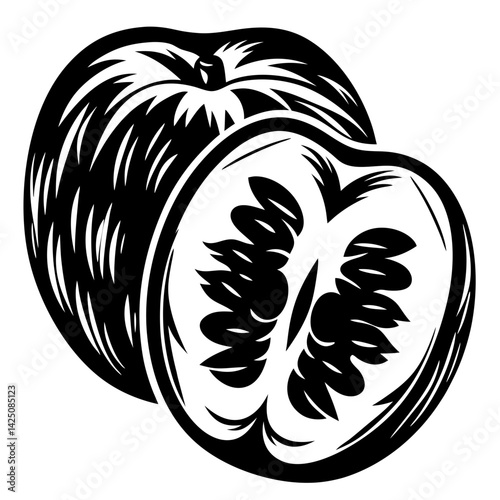 Monochrome illustration of two plums one whole and one halved exposing the fruit
