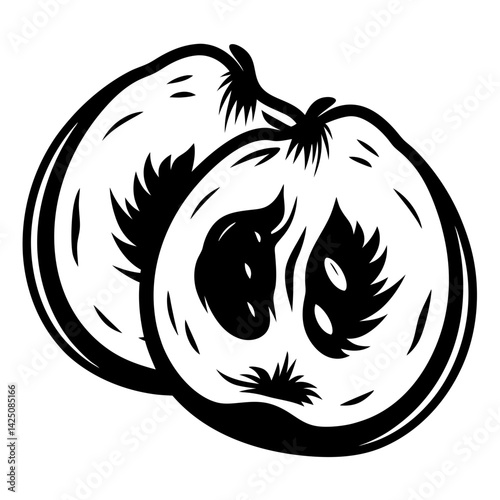 Two halves of the peach in monochrome simple illustration style graphic
