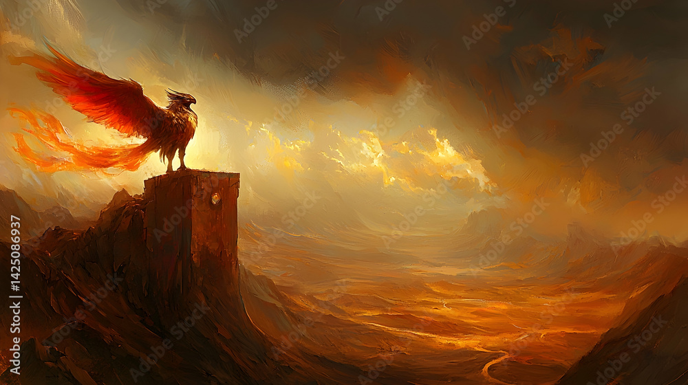 Majestic phoenix overlooking vast desert landscape, sunset sky; fantasy art for book covers, game design