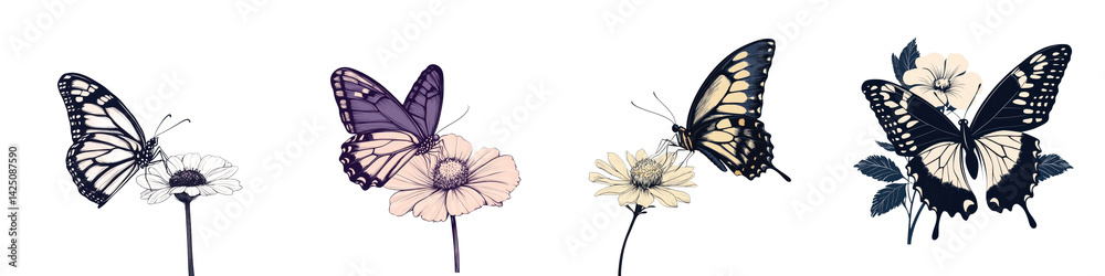 Fototapeta premium Butterflies and flowers in a serene garden scene