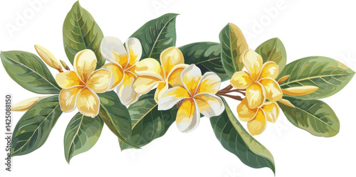 Frangipani flower with stem and leaves. Vector design illustration for Decoration