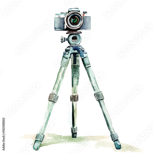 Folding travel tripod, watercolor illustration, isolated on a white background.

