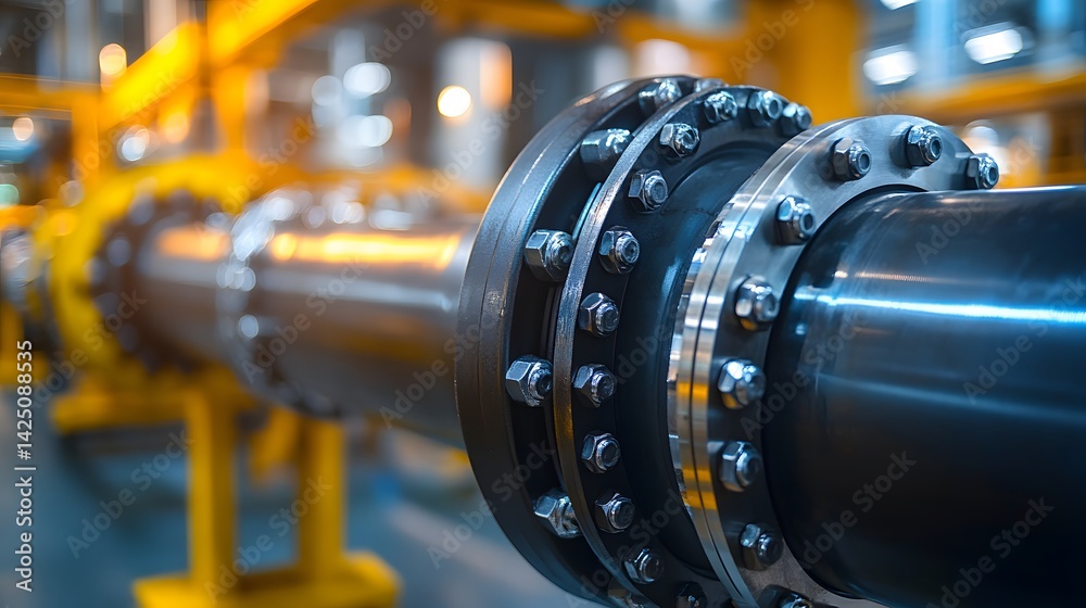 Obraz premium Close-up of metal pipe flange with bolts symbolizing industrial safety and sealed gasket connection 