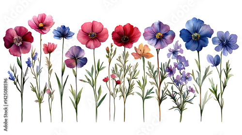Watercolor floral border row of colorful flowers isolated on white background