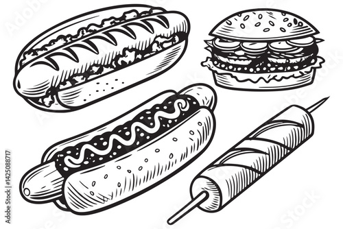 Hand Drawn Hot Dog and Burger Art, Retro Fast Food Ink Sketches, Vintage Style Snack Illustrations