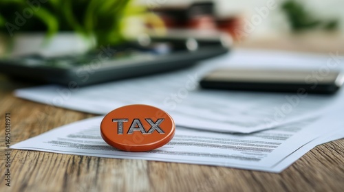 Close-up of an orange tax token on paperwork, calculator, and phone blurred in background.