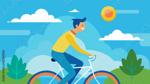 A man riding his bike on a bright sunny day feeling the wind in his hair and enjoying the sense of freedom and adventure.. Vector illustration