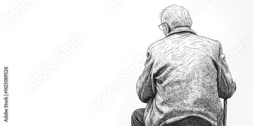 Black and white line illustration of an elderly man for psychology blogs,biographies and historical archives. photo
