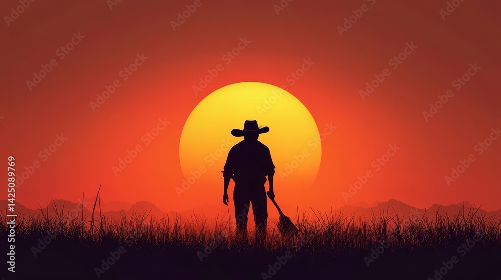Serene Cowboy Silhouette at Sunset in a Tranquil Grassland, may day illustration, may day Serene Cowboy Silhouette at Sunset in a Tranquil Grassland, may day illustration, may day