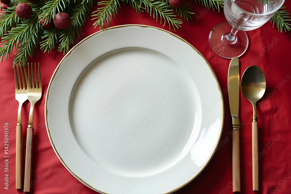 Elegant Festive Table Setting with Empty Plate for Holiday Celebration, Ideal for Christmas Dinner or Special Occasion Meal, ready for product placement