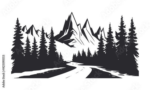 A minimalist vector illustration in black and white depicting a serene mountain landscape, easily editable.