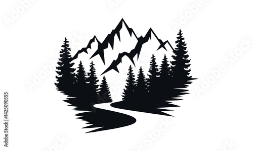 A minimalist vector illustration in black and white depicting a serene mountain landscape, easily editable.