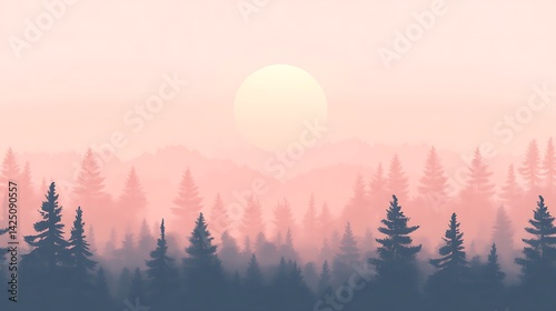 Misty Sunrise Forest Landscape.