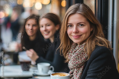 A candid street photography-style image of a well-dressed woman enjoying coffee at a European-style bistro, friends smiling in the background.