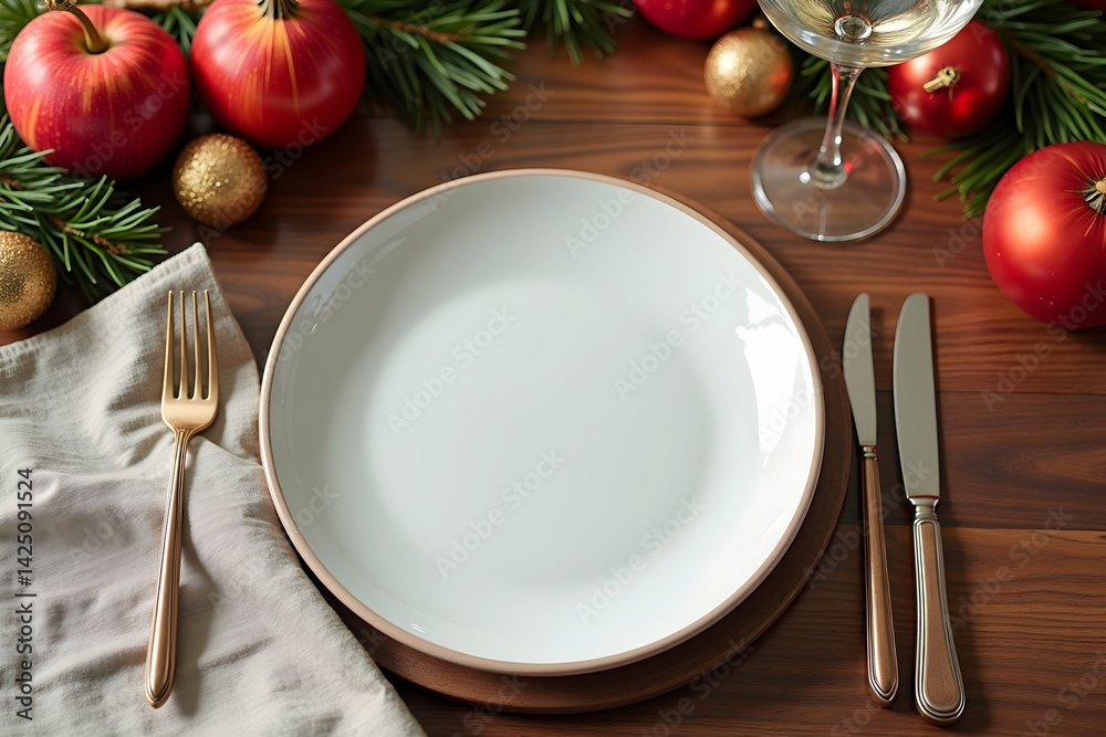 Elegant holiday dining setup featuring a pristine white plate with decorative ornaments, a wine glass, and refined cutlery, inviting festive celebrations Elegant holiday dining setup featuring a pristine white plate with decorative ornaments, a wine glass, and refined cutlery, inviting festive celebrations