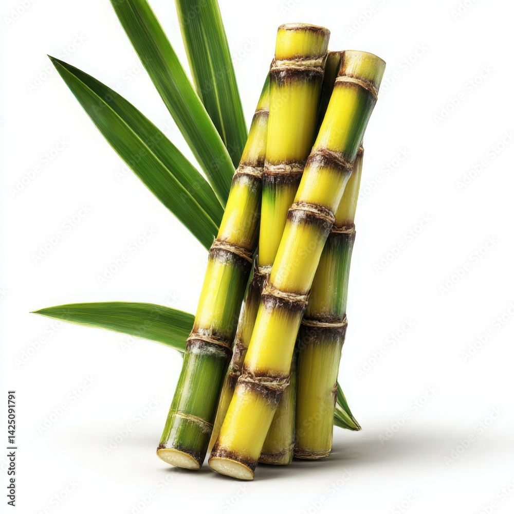 Obraz premium Arrangement of sugar cane stalks with green leaves on light area isolated on white background
