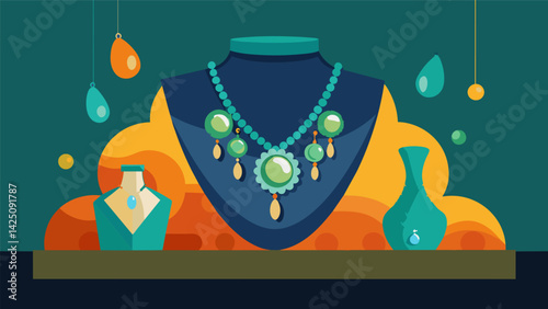 A display of unique jewelry made from melted down metals and recycled glass beads.. Vector illustration