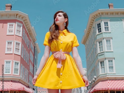 Summertime, retro, cityscape: Summertime fashion shoot on city street, retro aesthetic, pastel background buildings.