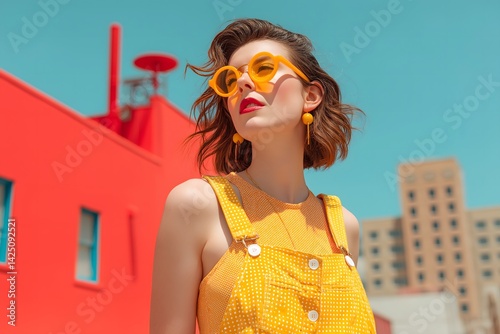 Summertime, retro, cityscape: Summertime fashion shoot on city street, retro aesthetic, pastel background buildings.