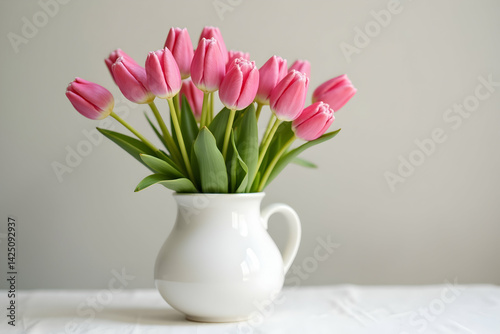 Wallpaper Mural Elegant still life capturing a bouquet of fresh pink tulips arranged in a white vase, placed delicately on a table, showcasing simplicity and floral beauty Torontodigital.ca