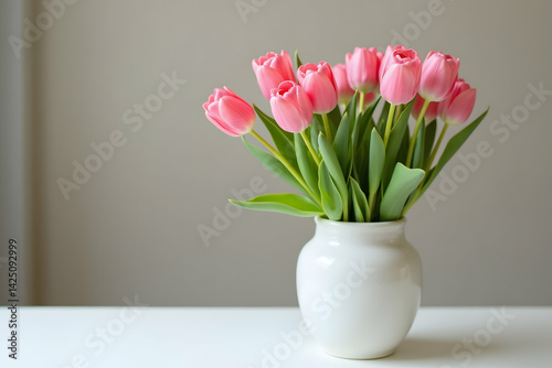 Wallpaper Mural Elegant Still Life, A Bouquet of Pink Tulips in a Pristine White Vase, Bathed in Soft Light, Radiating Freshness and Serenity with Delicate Floral Charm Torontodigital.ca
