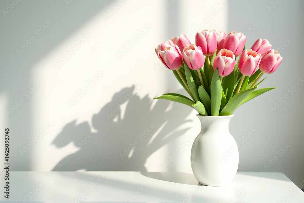 Obraz premium Elegant white vase showcasing a vibrant bouquet of fresh pink tulips on a pristine white table under soft, natural light creating a serene floral still life