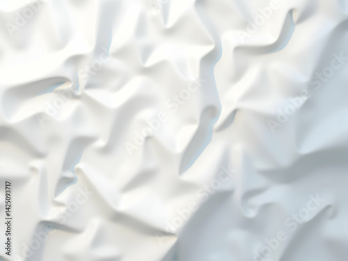 Elegant white plastic crinkle texture with subtle shadows creates a dynamic abstract pattern, ideal for design and artistic backgrounds or product visualization