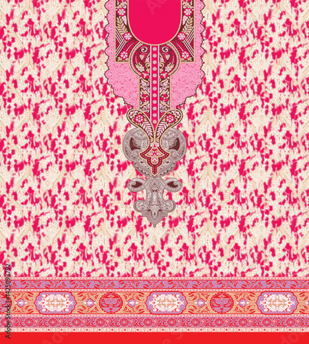 Intricate textile design featuring a rich pink pattern with ornate motifs and a decorative border at the bottom.