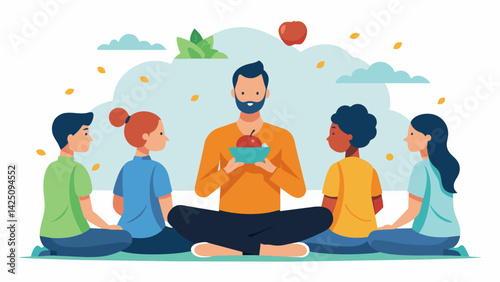 A mindfulness coach leads a group through a mindful eating exercise guiding them to focus on each sense while consuming a small piece of fruit..