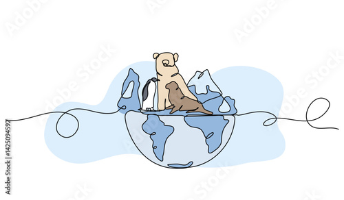 Vector illustration of animals on a globe. Modern flat in continuous line style.