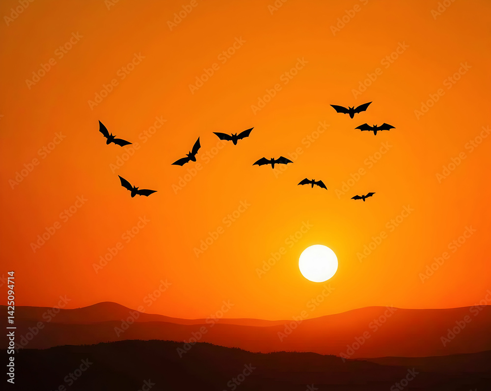 Fototapeta premium Enchanting dusk landscape featuring silhouettes of bats soaring against a vibrant orange sky, evoking a sense of mystery and twilight ambiance, perfect for spooky season