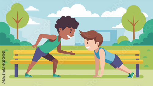 Two friends taking turns doing pushups against a park bench making it a friendly competition.. Vector illustration